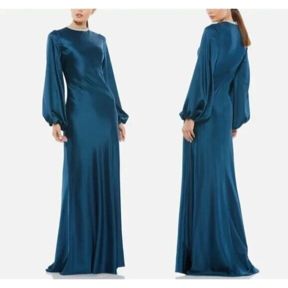 Mac Duggal Blue 26575 Rhinestone Collar Long Sleeve Formal Gown Dress NWT SZ 14 - Picture 2 of 6